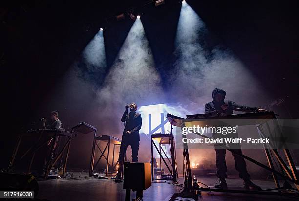 Gernot Bronsert, Sebastian Szary, and Sascha Ring from Moderat perform at L'Olympia on March 28, 2016 in Paris, France.