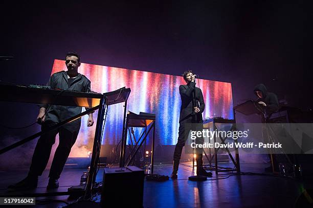 Gernot Bronsert, Sebastian Szary, and Sascha Ring from Moderat perform at L'Olympia on March 28, 2016 in Paris, France.