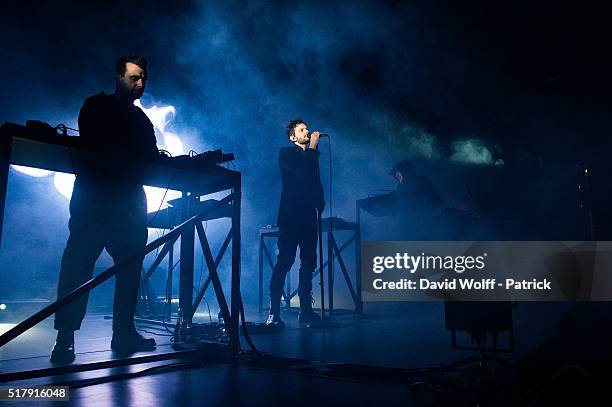 Gernot Bronsert, Sebastian Szary, and Sascha Ring from Moderat perform at L'Olympia on March 28, 2016 in Paris, France.