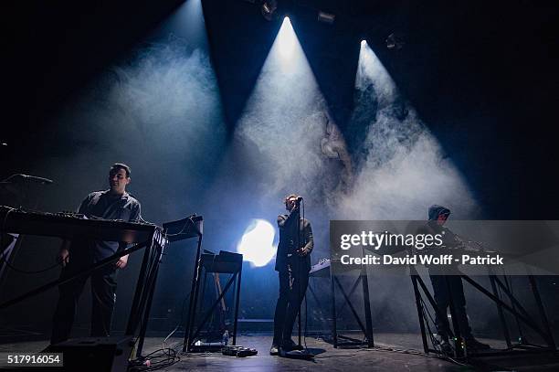 Gernot Bronsert, Sebastian Szary, and Sascha Ring from Moderat perform at L'Olympia on March 28, 2016 in Paris, France.