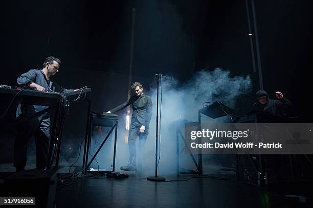 Gernot Bronsert, Sebastian Szary, and Sascha Ring from Moderat perform at L'Olympia on March 28, 2016 in Paris, France.