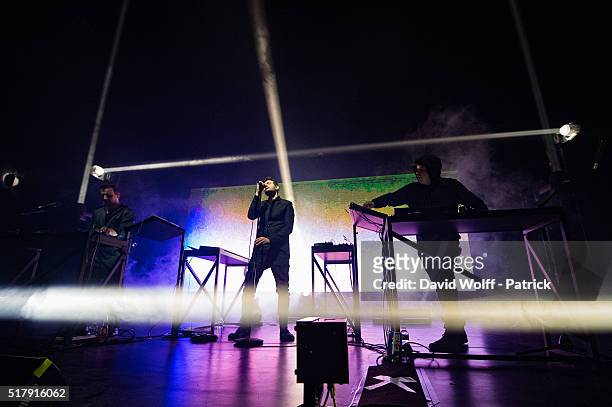 Gernot Bronsert, Sebastian Szary, and Sascha Ring from Moderat perform at L'Olympia on March 28, 2016 in Paris, France.