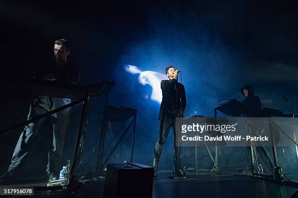 Gernot Bronsert, Sebastian Szary, and Sascha Ring from Moderat perform at L'Olympia on March 28, 2016 in Paris, France.