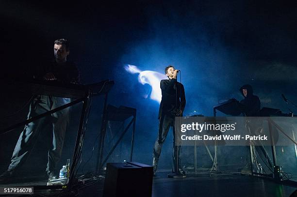 Gernot Bronsert, Sebastian Szary, and Sascha Ring from Moderat perform at L'Olympia on March 28, 2016 in Paris, France.