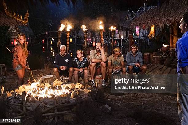 Play or Go Home" -- Julia Sokolowski, Joseph Del Campo, Aubry Bracco, Scot Pollard, Tai Trang, Peter Baggenstos and Jeff Probst at Tribal Council...