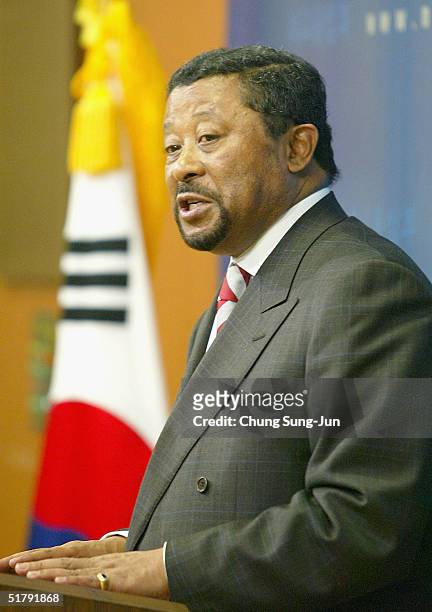 General Assembly President Jean Ping addresses a press conferense at South Korea's Foreign Ministry on November 25, 2004 in Seoul, South Korea. North...