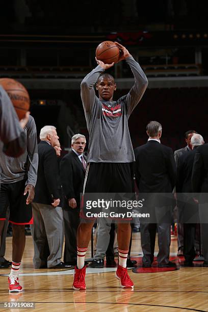 Cristiano Felicio of the Chicago Bulls warms up before the game against the Atlanta Hawks on March 28, 2016 at United Center in Chicago, Illinois....