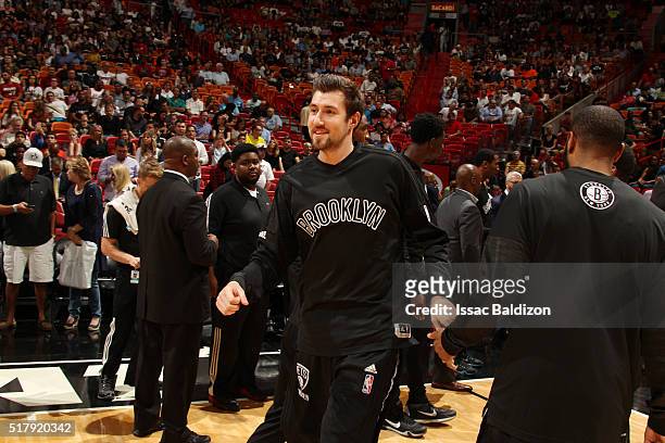 Sergey Karasev of the Brooklyn Nets is introduced before the game against the Miami Heat on March 28, 2016 at American Airlines Arena in Miami,...