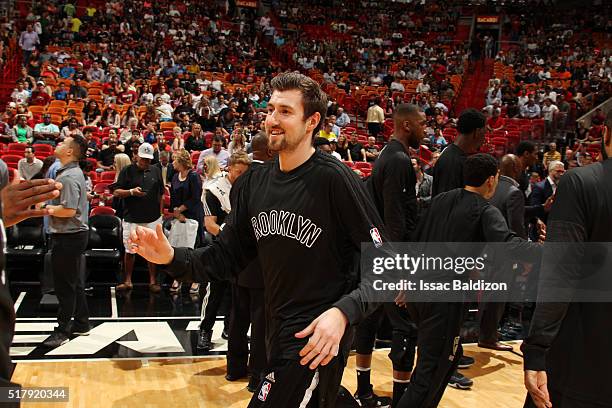 Sergey Karasev of the Brooklyn Nets is introduced before the game against the Miami Heat on March 28, 2016 at American Airlines Arena in Miami,...