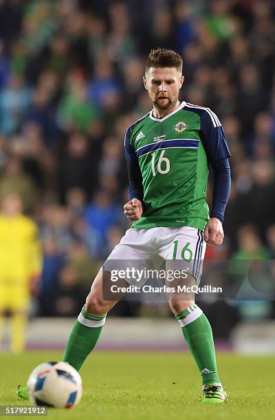 Oliver Norwood of Northern Ireland during the international friendly between Northern Ireland and Slovenia at Windsor Park on March 28, 2016 in...