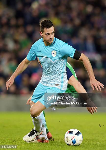 Samardzic Miral of Slovenia during the international friendly between Northern Ireland and Slovenia at Windsor Park on March 28, 2016 in Belfast,...