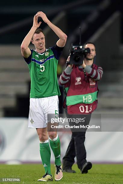 Jonny Evans of Northern Ireland during the international friendly between Northern Ireland and Slovenia at Windsor Park on March 28, 2016 in Belfast,...