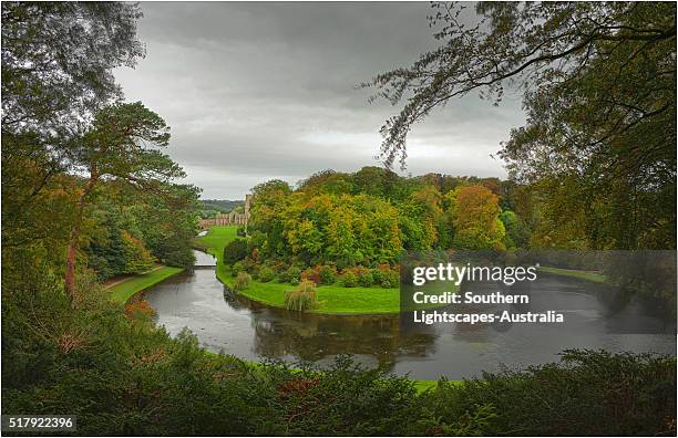 garden overview fountains abbey, yorkshire, england, united kingdom - fountains abbey stock pictures, royalty-free photos & images