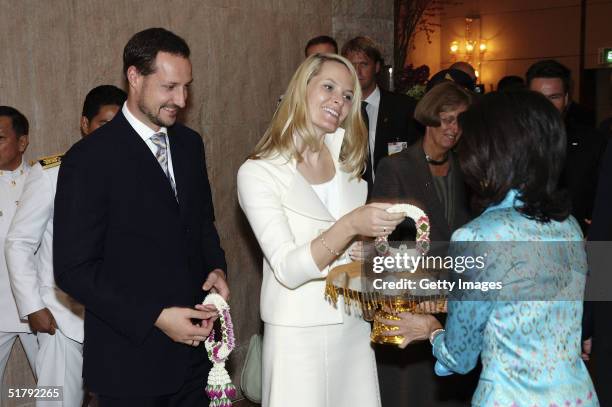 His Royal Highness Crown Prince Haakon and Her Royal Highness Crown Princess Mette-Marit arrive for a Telenor/DTAC presentation at the Conrad Hotel,...