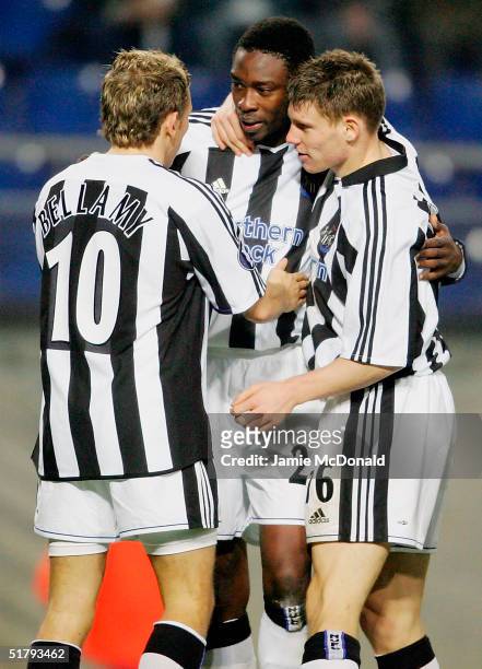 Shola Ameobi of Newcastle celebrates his goal during the UEFA Cup Group D match between FC Sochaux and Newcastle United at the Stade Auguste Bonal on...