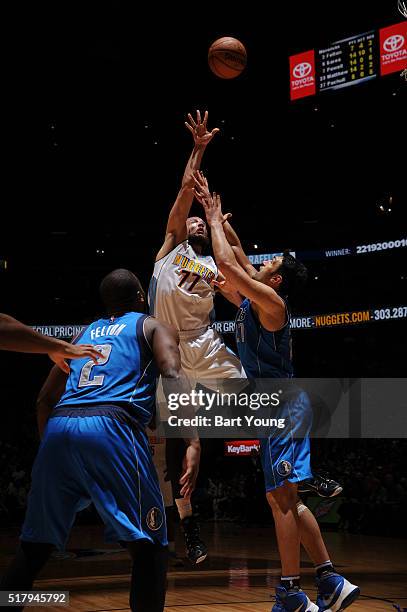 Joffrey Lauvergne of the Denver Nuggets shoots the ball against the Dallas Mavericks on March 28, 2016 at the Pepsi Center in Denver, Colorado. NOTE...