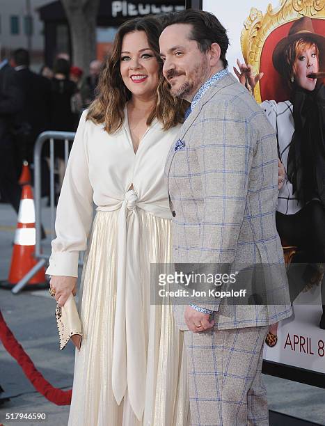 Actress Melissa McCarthy and husband Ben Falcone arrive at the Los Angeles Premiere "The Boss" at Regency Village Theatre on March 28, 2016 in...