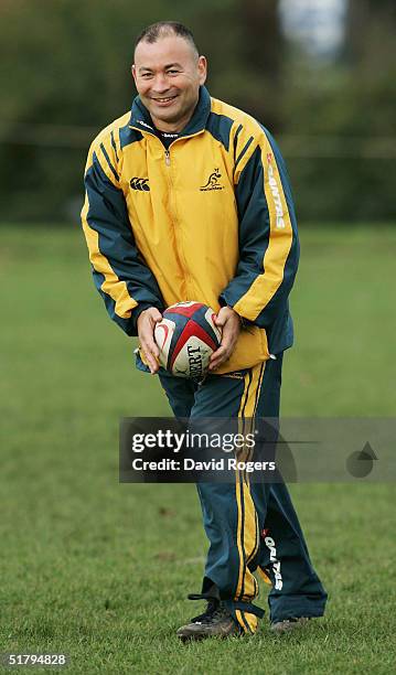 Wallabies Coach, Eddie Jones, has a laugh during Australia's Rugby training session at St Paul's School on November 26, 2004 in Hammersmith, London.