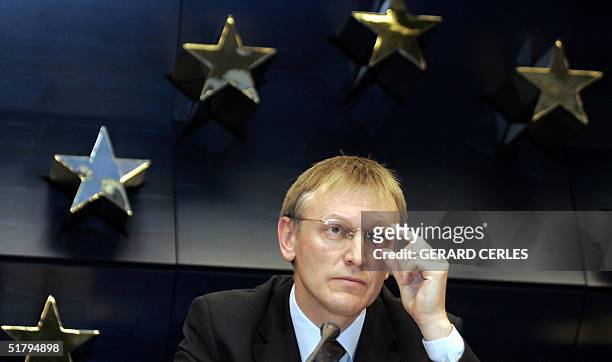 Commissioner for Science and Research Slovenian Janez Potocnik listens to journalists' questions during a press conference at the end of the...