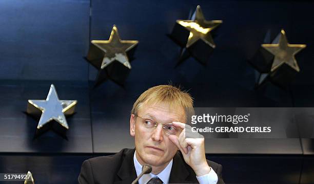 Commissioner for Science and Research Slovenian Janez Potocnik is pictured during a press conference at the end of the Competitiveness Council at the...