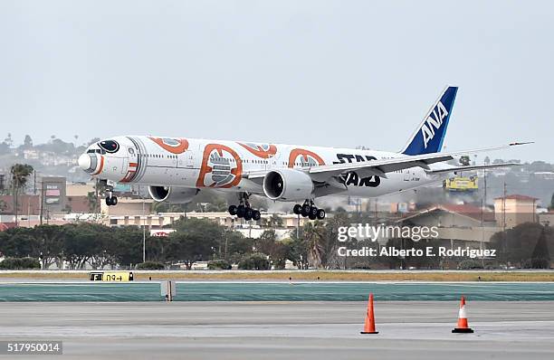 S BB-8 themed jet lands in Los Angeles in celebration of in-home release of STAR WARS: THE FORCE AWAKENS on March 28, 2016 in Los Angeles, California.