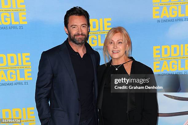 Hugh Jackman and wife Deborra-Lee Furness arrive ahead of the Eddie The Eagle screening at Village Cinemas Crown on March 29, 2016 in Melbourne,...