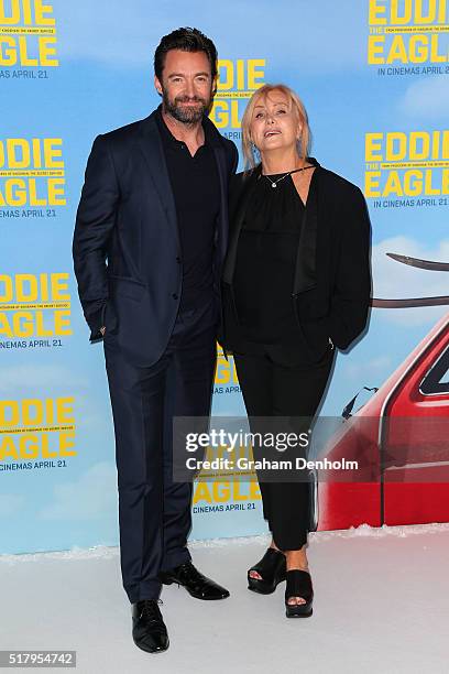 Hugh Jackman and wife Deborra-Lee Furness arrive ahead of the Eddie The Eagle screening at Village Cinemas Crown on March 29, 2016 in Melbourne,...