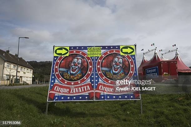 Picture taken on March 26, 2016 shows the poster of the Zavatta Circus in Pont-Audemer. / AFP / JOEL SAGET