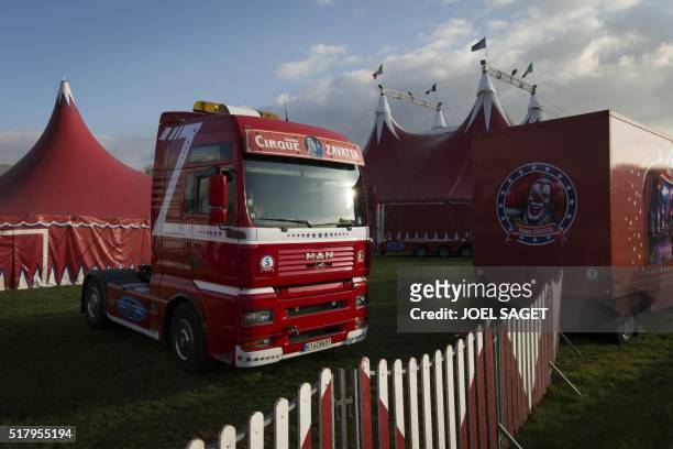 Picture taken on March 25, 2016 shows a truck of the Zavatta Circus in Pont-Audemer.