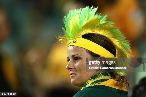 Socceroos fan show her colours during the 2018 FIFA World Cup Qualification match between the Australian Socceroos and Jordan at Allianz Stadium on...