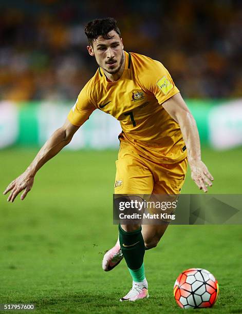 Mathew Leckie of the Socceroos controls the ball during the 2018 FIFA World Cup Qualification match between the Australian Socceroos and Jordan at...