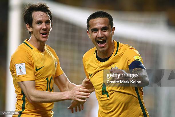 Robbie Kruse and Tim Cahill of Australia celebrate Tim Cahill scoring a goal during the 2018 FIFA World Cup Qualification match between the...