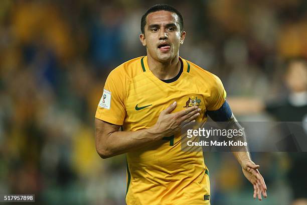 Tim Cahill of Australia celebrates scoring his second goal during the 2018 FIFA World Cup Qualification match between the Australian Socceroos and...