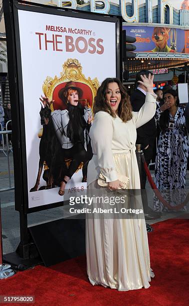 Actress Melissa McCarthy arrives for the Premiere Of USA Pictures' "The Boss" at Regency Village Theatre on March 28, 2016 in Westwood, California.