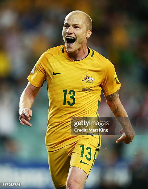 Aaron Mooy of the Socceroos celebrates scoring a goal during the 2018 FIFA World Cup Qualification match between the Australian Socceroos and Jordan...