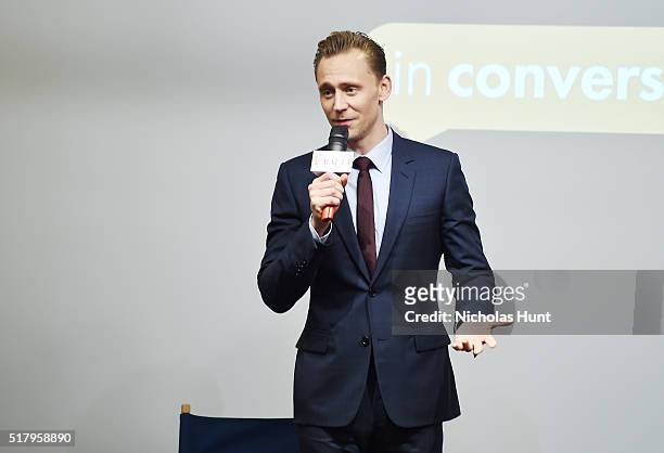 Actor Tom Hiddleston speaks at BAFTA New York With Tribeca Shortlist Hosts "In Conversation With Tom Hiddleston" on March 28, 2016 in New York City.