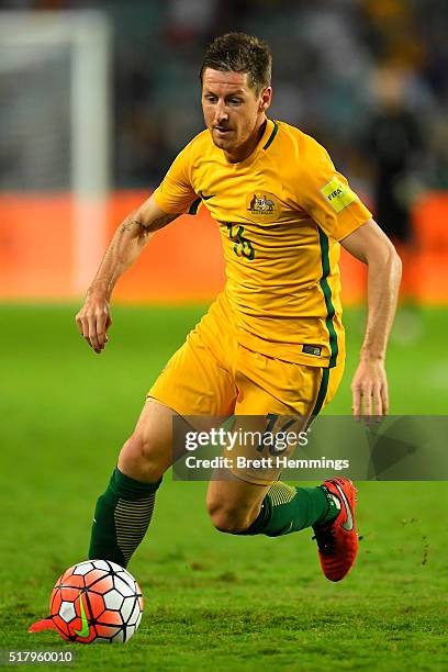 Nathan Burns of the Socceroos runs the ball during the 2018 FIFA World Cup Qualification match between the Australian Socceroos and Jordan at Allianz...