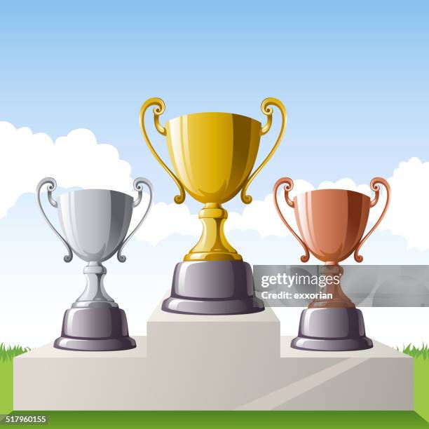 gold, silver and bronze trophy set - silver medal stock illustrations