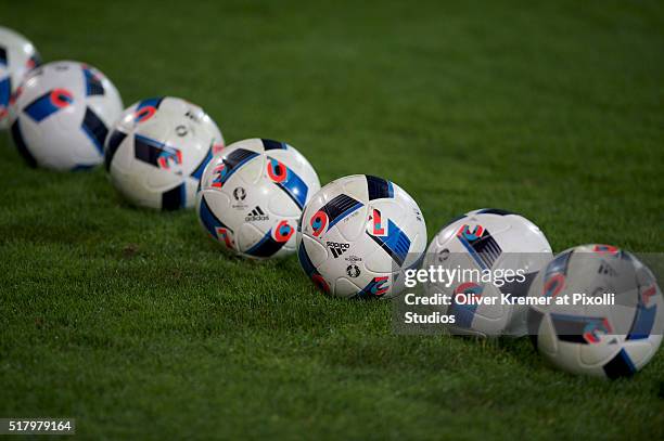 Footballs lined up on the playfield at Frankfurter Volksbank-Stadion prior to the international football match between Germany U21 v Faroe Islands...