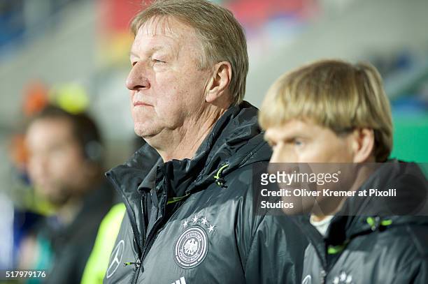 Head Coach Horst Hrubesch of Germany during the national anthem at Frankfurter Volksbank-Stadion prior to the international football match between...