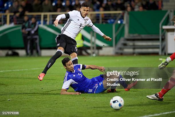 Forward Davie Selke of Germany trying to score at Frankfurter Volksbank-Stadion during the international football match between Germany U21 v Faroe...