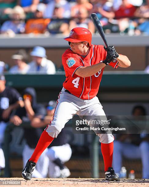 Tony Campana of the Washington Nationals bats during the Spring Training game against the Detroit Tigers at Joker Marchant Stadium on March 9, 2016...