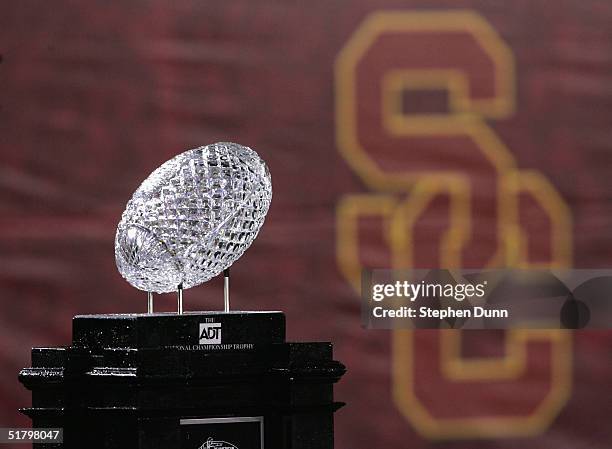 The Bowl Championship Series trophy is displayed on the sidelines during the game between the USC Trojans and the Notre Dame Fighting Irish on...