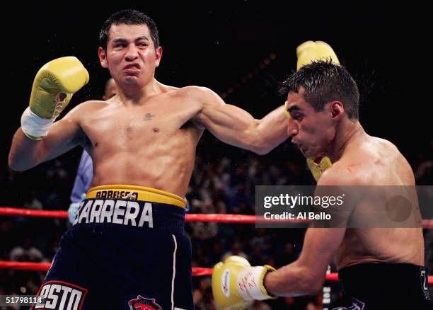 Marco Antonio Barrera lands a left handed hook to the head of Erik Morales during a fight for the WBC World Super Featherweight Championship at the...