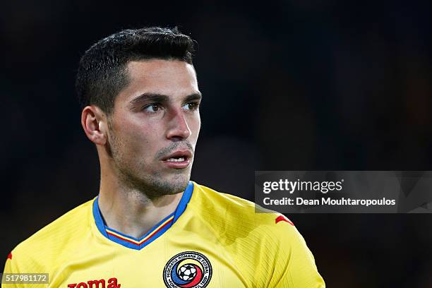 Nicolae Stanciu of Romania looks on during the International Friendly match between Romania and Spain held at the Cluj Arena on March 27, 2016 in...