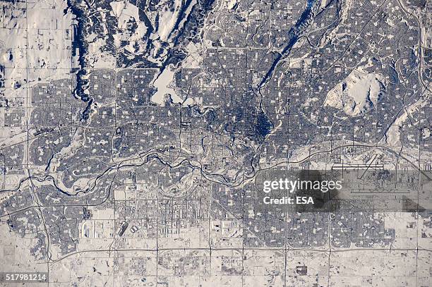 This handout image supplied by the European Space Agency , shows a view of the city of Calgary, Canada, in the snow, with the Bow River running from...