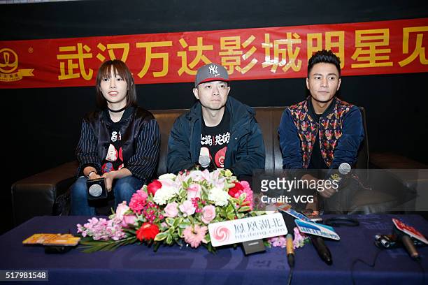 Actress Bai Baihe, director and scriptwriter Yang Qing, and actor Chen Kun attend a media conference of new movie "Chongqing Hot Pot" on March 29,...