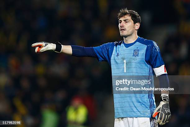 Goalkeeper, Iker Casillas of Spain looks on during the International Friendly match between Romania and Spain held at the Cluj Arena on March 27,...