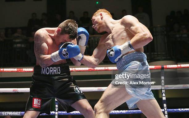 Tom Baker and Jack Morris in action during the English Light-Heavyweight Championship fight between Tom Baker and Jack Morris at York Hall on March...