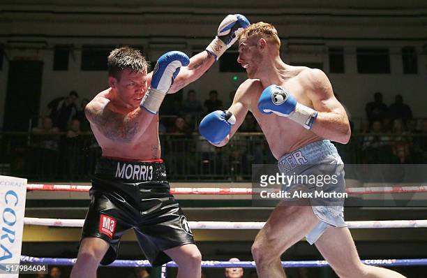 Tom Baker and Jack Morris in action during the English Light-Heavyweight Championship fight between Tom Baker and Jack Morris at York Hall on March...